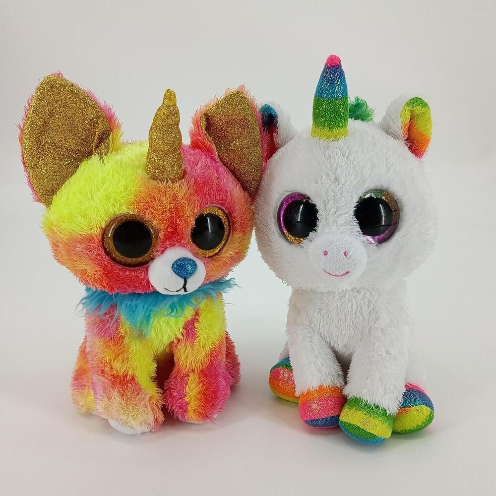 TY Beanie Boos Yips & Pixy Rainbow Unicorn Plush Duo Glitter Eyes